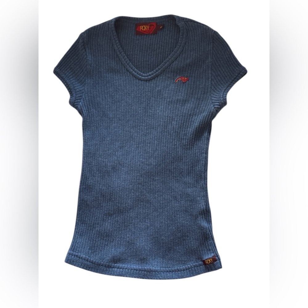 Y2K Vintage Roxy Blue Ribbed V-Neck Tee - Picture 3 of 4